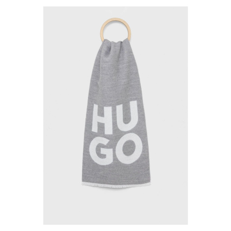 Vlnený šál HUGO šedá farba, s potlačou Hugo Boss