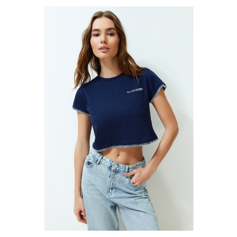 Trendyol Dark Navy Blue 100% Cotton Stitch Detail Regular Crop Knitted T-Shirt