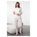 Trendyol Pink-Multicolored Cotton Plaid Sleep Band Knitted Pajama Set