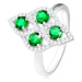 Strieborný prsteň 925, oblý kosoštvorec, štyri okrúhle zelené zirkóny, číry lem - Veľkosť: 59 mm
