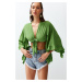 Trendyol Green Crop Woven Tie Blouse