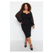 Trendyol Curve Black Plain Bodycone mini tkané šaty plus veľkosti