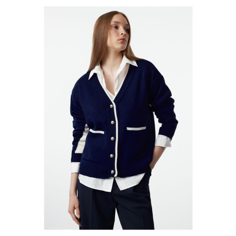 Trendyol Navy Blue Wide Cut Color Block Wide Cut Knit Cardigan