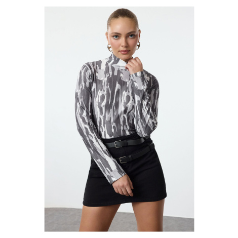 Trendyol Anthracite Printed Fitted Stand-Up Collar Long Sleeve Sweater/Textured Knitted Blouse