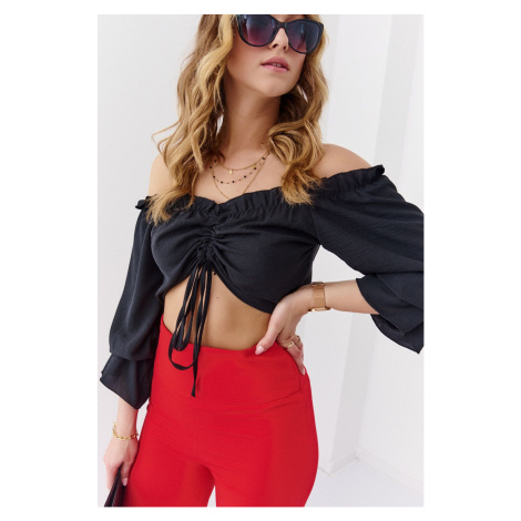 Black Spanish summer blouse with ruffles FASARDI