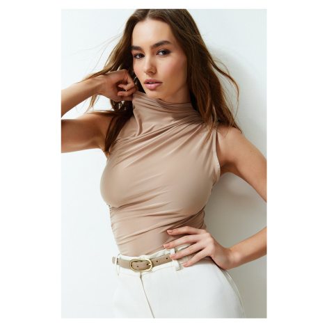 Trendyol Beige Zero Sleeve Gathered Formal Stretch Knitted Blouse