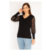 Şans Women's Plus Size Black Flocked Detailed Blouse