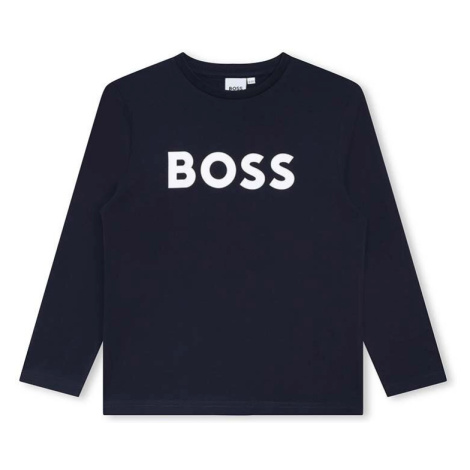 Detská bavlnená košeľa s dlhým rukávom BOSS tmavomodrá farba, s potlačou Hugo Boss