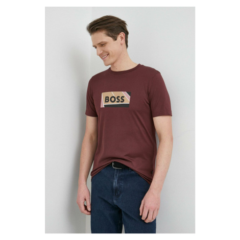 Bavlnené tričko BOSS bordová farba, s potlačou Hugo Boss