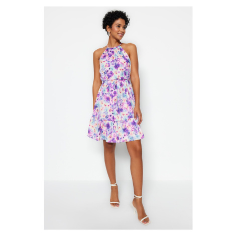 Trendyol Purple Floral Halter Neck A-line Tie Detailed Mini Woven Dress