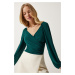 Happiness İstanbul Women's Emerald Green Elastic Balloon Sleeve Sandy Knitted Blouse