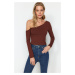 Trendyol Brown One-Shoulder Cotton Slim Fit Crop Knitted Blouse