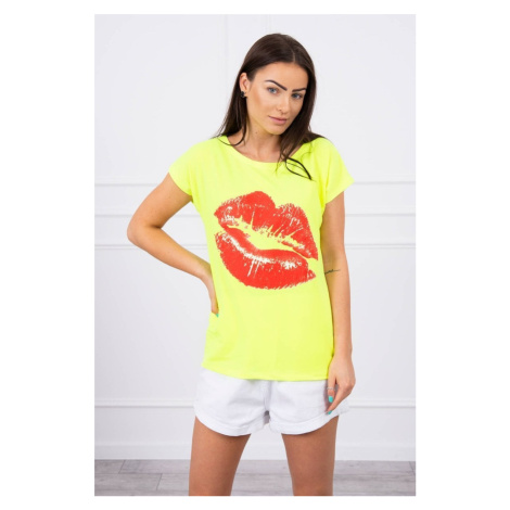 Lip print blouse yellow neon+red