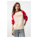 Trendyol Dark Cherry Relaxed/comfortable Pattern Slogan Printed Thick Polar Fleece Knitted Sweat