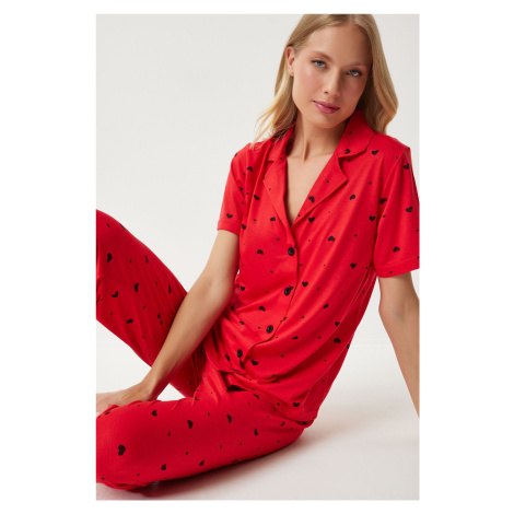 Happiness İstanbul Women's Red Heart Shirt Trousers Pajama Set