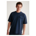 GRIMELANGE Artur Men's Pockets Navy Blue T-shirt with Thick Special Textured Fabric