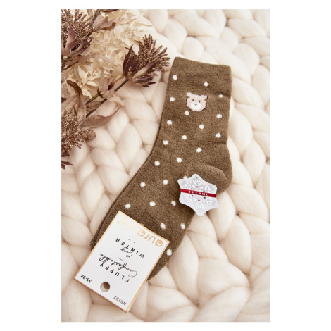 Women's insulated socks with polka dots and teddy bears, green