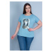 Şans Women's Plus Size Blue Lacquer Printed Low-Sleeve Blouse