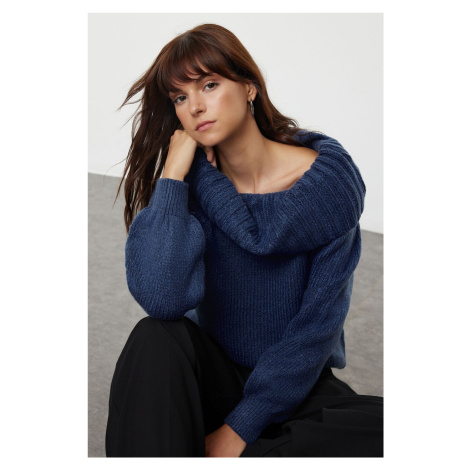 Trendyol Indigo Wide Pattern Soft Texture Cowl Neck Knitwear Sweater