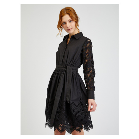 Orsay Čierne dámske perforované košeľové šaty s kravatou - dámske