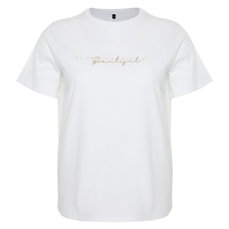 Trendyol Curve White Print and Embroidery Detail Boyfriend Knitted T-shirt