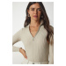 Happiness İstanbul Women's Beige Zippered High Collar Ribbed Knitwear Blouse