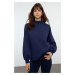 Trendyol Navy Blue Basic Oversize/Wide Pattern Half Turtleneck Thick Polar Fleece Knitted Sweats