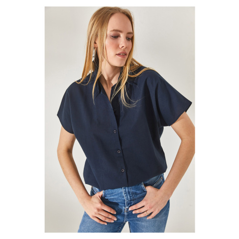 Olalook Women's Navy Blue Bat Oversize Linen Shirt