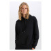 DEFACTO Relax Fit Hooded Kangaroo Pocket Thick Casual Basic Plain Black Sweatshirt