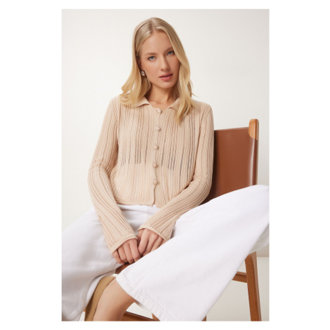 Happiness İstanbul Women's Beige Light Transparent Polo Collar Summer Knitwear Cardigan