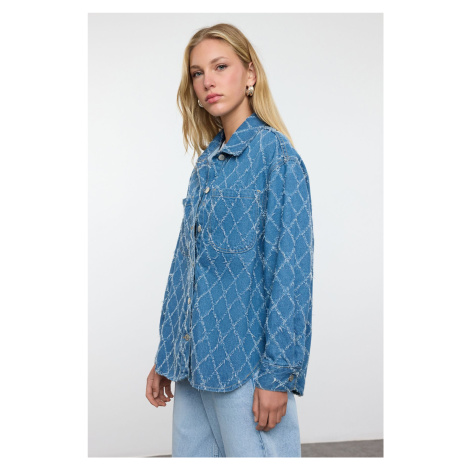 Trendyol Blue Textured Oversize Denim Shirt Jacket