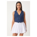 Happiness İstanbul Women's Navy Blue Linen Short Vest