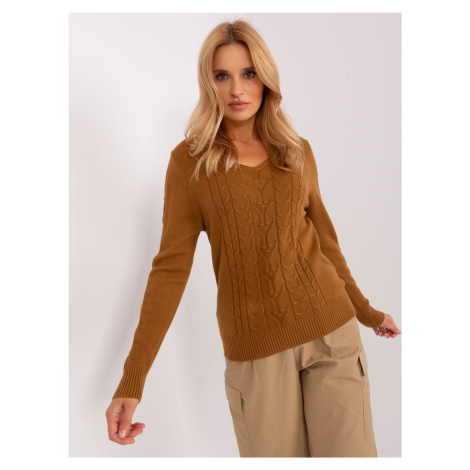 Light brown women's sweater with cable neckline