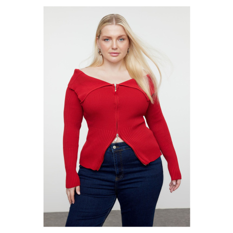 Trendyol Curve Dark Red Zippered Wide Collar Knitwear Cardigan