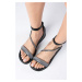 Mio Gusto Kayra Black Color Cross Stone Banded Women's Sandals