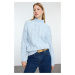 Trendyol Light Blue Soft Texture Wide Pattern Openwork/Hole Stand Collar Knitwear Sweater