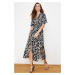 Trendyol Black Belted Slit Floral Patterned Midi Woven Shirt Dress