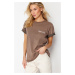 Trendyol Brown Faded Effect Printed Basic Knitted T-Shirt