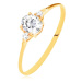 Ligotavý prsteň zo žltého 14K zlata - číry oválny zirkón, dva okrúhle zirkóniky - Veľkosť: 65 mm