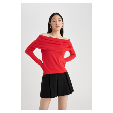 DEFACTO Fitted Open Shoulder Basic Plain Knitwear Red Sweater