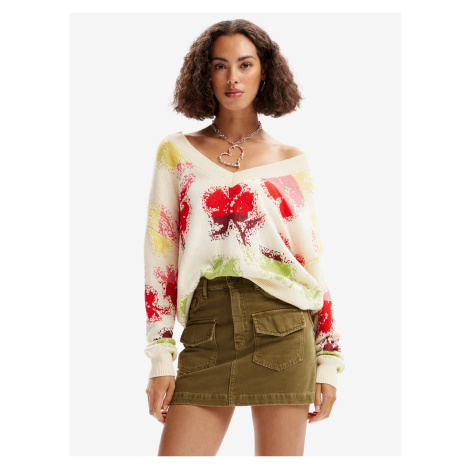 Women's red-cream floral sweater Desigual Join - Women