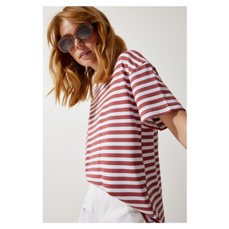 Happiness İstanbul Women's Pale Pink Crew Neck Striped Oversize Knitted T-Shirt