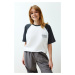 Trendyol White 100% Cotton Color Blocked Slogan Relaxed/Comfortable Cut Knitted T-Shirt