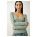 Happiness İstanbul Women's Almond Green Lace Detail Ribbed Knitted Blouse