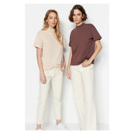 Trendyol Brown-Beige 2-Pack 100% Cotton Basic Stand-Up Collar Knitted T-Shirt