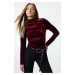 Trendyol Burgundy Velvet Draped High Collar Fitted Regular Length Knitted Blouse