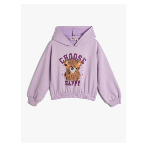 Koton Teddy Bear Print Hoodie with Sweatshirt. Elastic Waist and Cuffs, Long Sleeves.