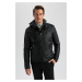 DEFACTO Slim Fit Hooded Plush Lining Jacket Faux Leather Coat