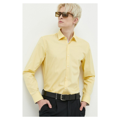 Bavlnená košeľa HUGO pánska, žltá farba, slim, s klasickým golierom Hugo Boss