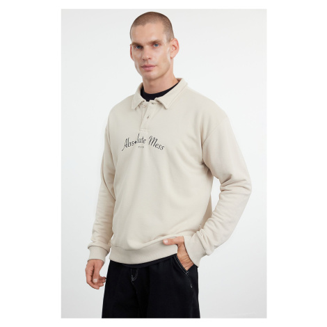 Trendyol Stone Oversize/Wide Cut Letter Printed Polo Neck Sweatshirt